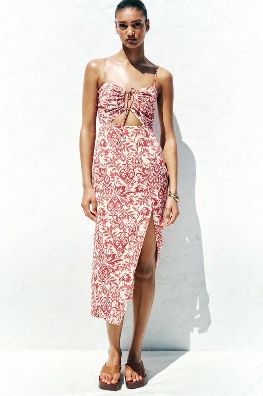 Robe midi dos nu à imprimé rustique
